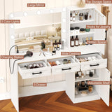 Rovaurx Vanity Table with Mirror & Lights, Farmhouse Makeup Vanity with 10 Necklace Hooks, Vanity Desk with Charging Station, 3 Color Lighting Modes, Door Cabinet, White RSZT112W Rovaurx