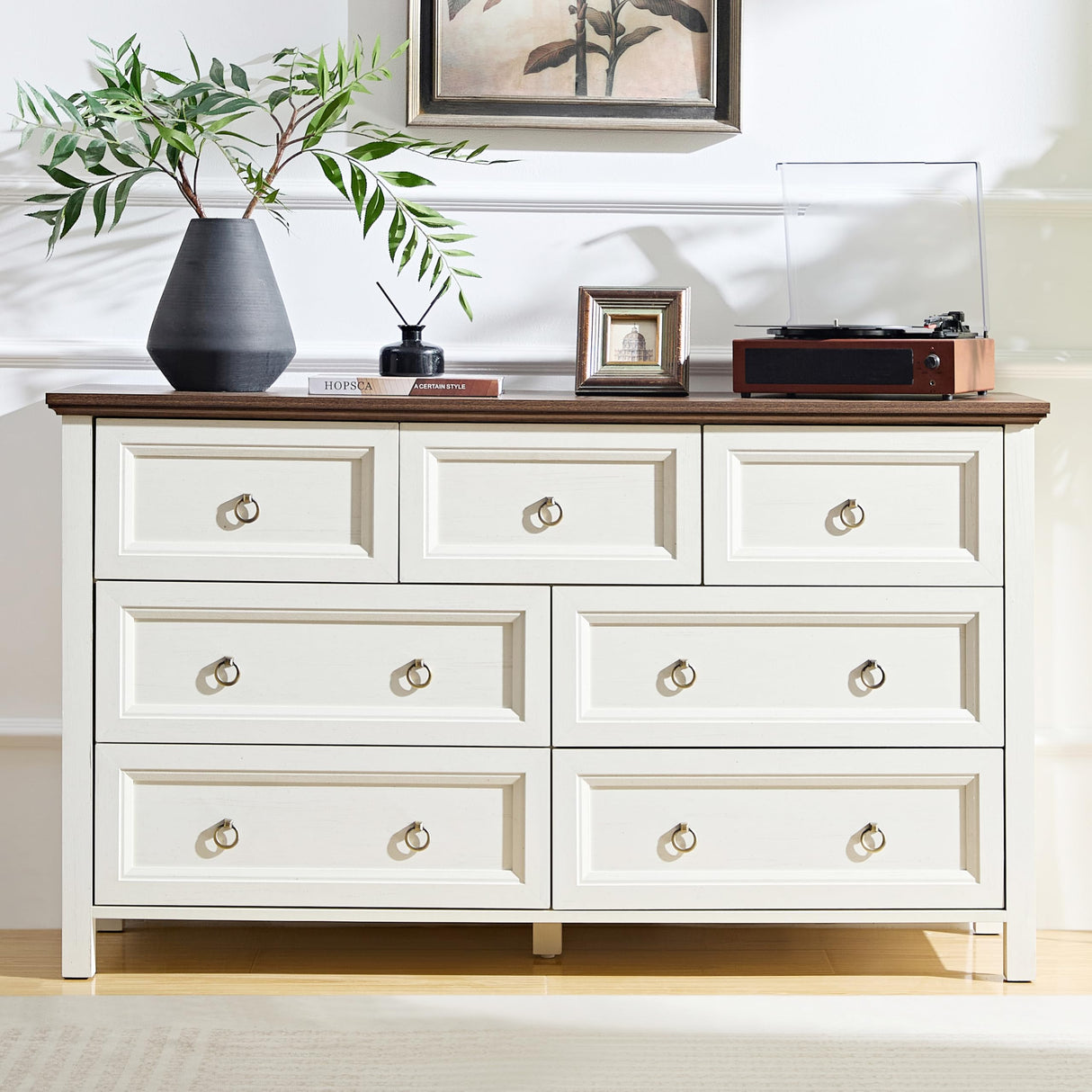 OKYCI Farmhouse 7 Drawer Dresser, Long Wood Chest of Drawers with 1.2" Thickened Top - 54" W x 31.5" H,Antique White OKYCI