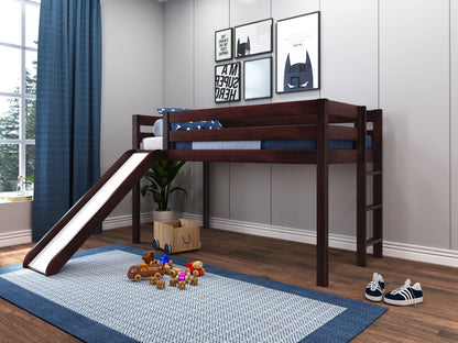 JACKPOT! Low Loft Twin Bed with End Ladder and Slide, Cherry with Blue & White Tent