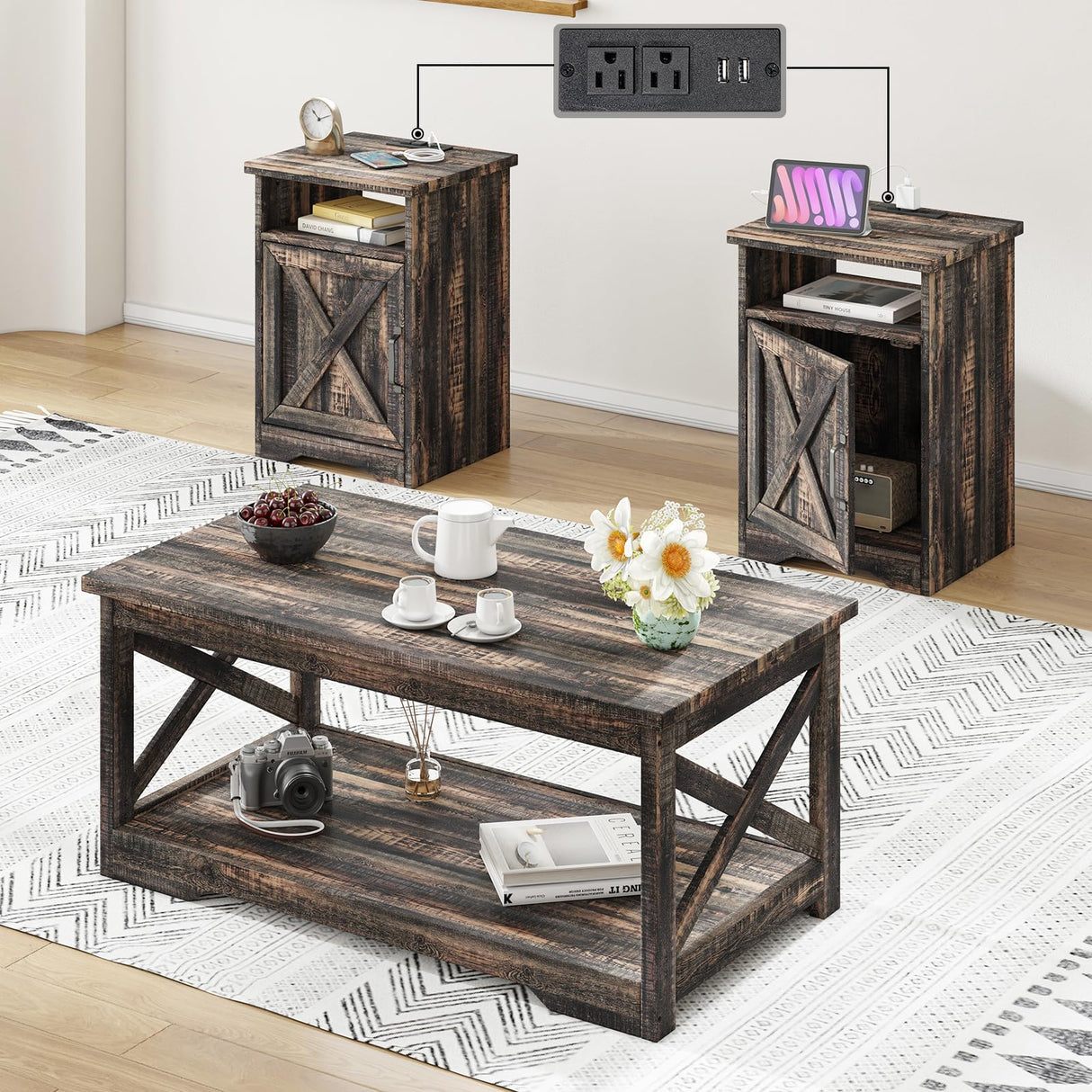 AMERLIFE 3-Piece Farmhouse Table Set Includes Coffee Table& Two End Tables, Side Table with Charging Station and USB Ports, for Living Room, Bedroom,Dark Oak AMERLIFE