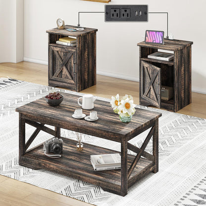 AMERLIFE 3-Piece Farmhouse Table Set Includes Coffee Table& Two End Tables, Side Table with Charging Station and USB Ports, for Living Room, Bedroom,Dark Oak - WoodArtSupply