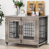 Lulive Dog Crate Furniture, Dog Kennel Indoor Double Doors Wooden Dog Cage, 33'' Heavy Duty Dog Crate with Cushion & Wheels, Decorative End Table Pet House Chew-Resistant for Medium/Small Dog, Grey Lulive
