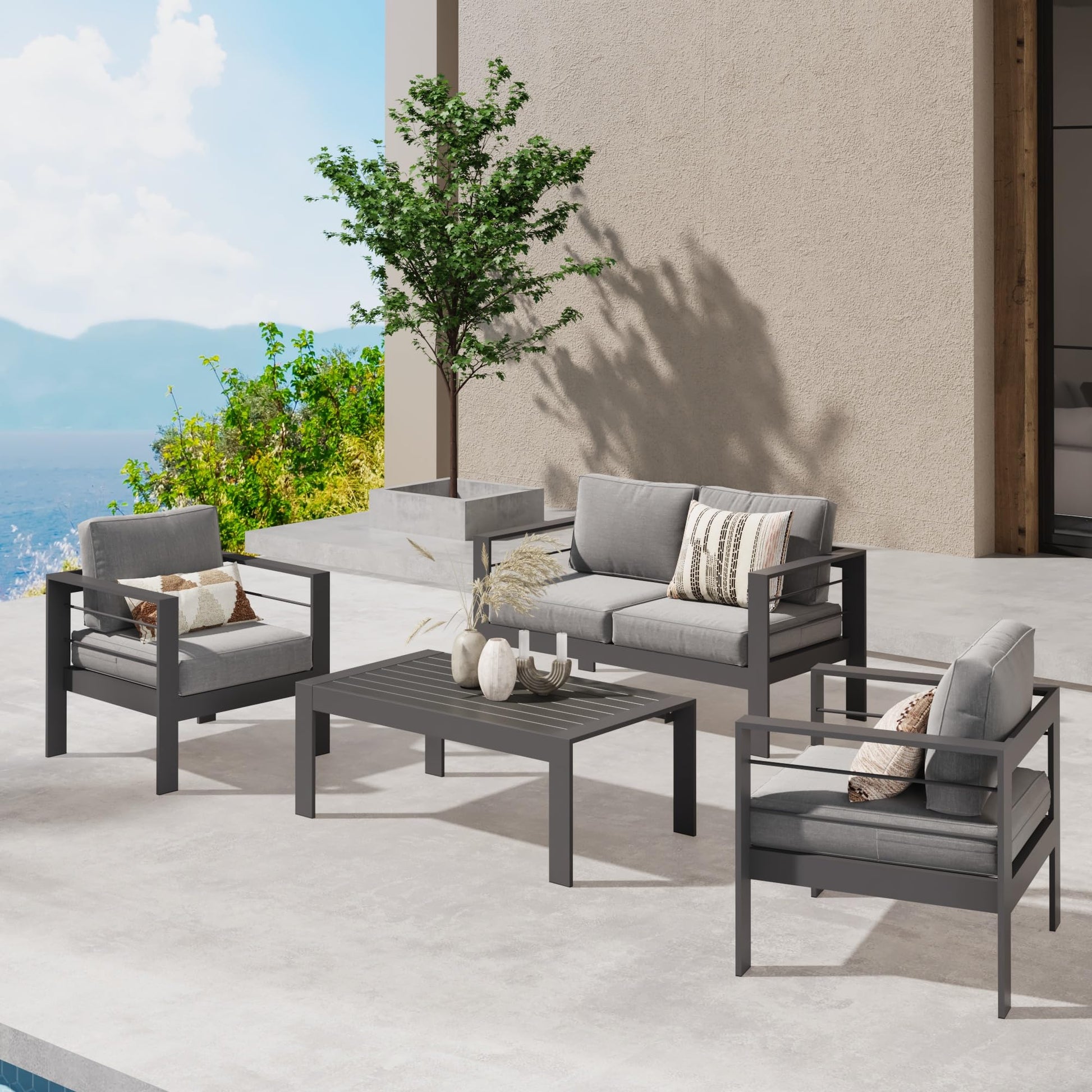 Wisteria Lane Outdoor Patio Furniture Set, 4 Pieces Aluminum Sectional Sofa, Metal Patio Conversation Set with Loveseat, 5 Inch Grey Cushion and Coffee Table (Dark Grey & Grey) - WoodArtSupply