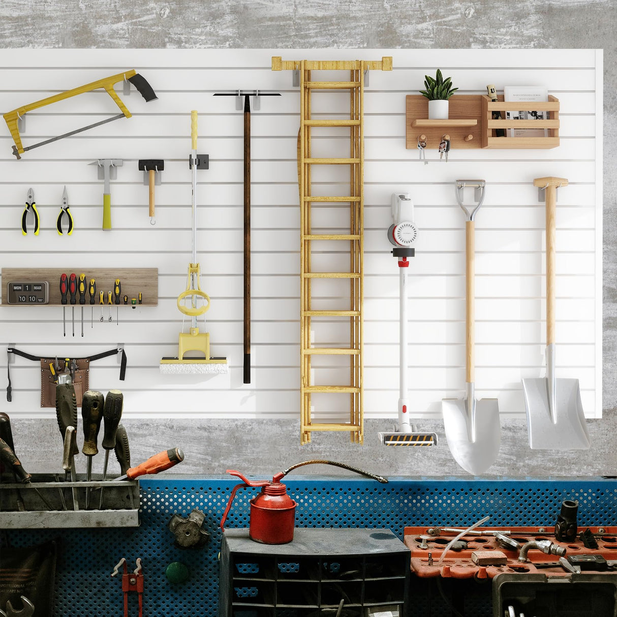 Neoaider Slatwall Panel 8 FT x 4 FT, Interlocking Slat Wall Paneling, Wall Mounted PVC Wallpanel, Suitable for Garage Storage and Organizer, Slatwall Board, Shelves - White Neoaider