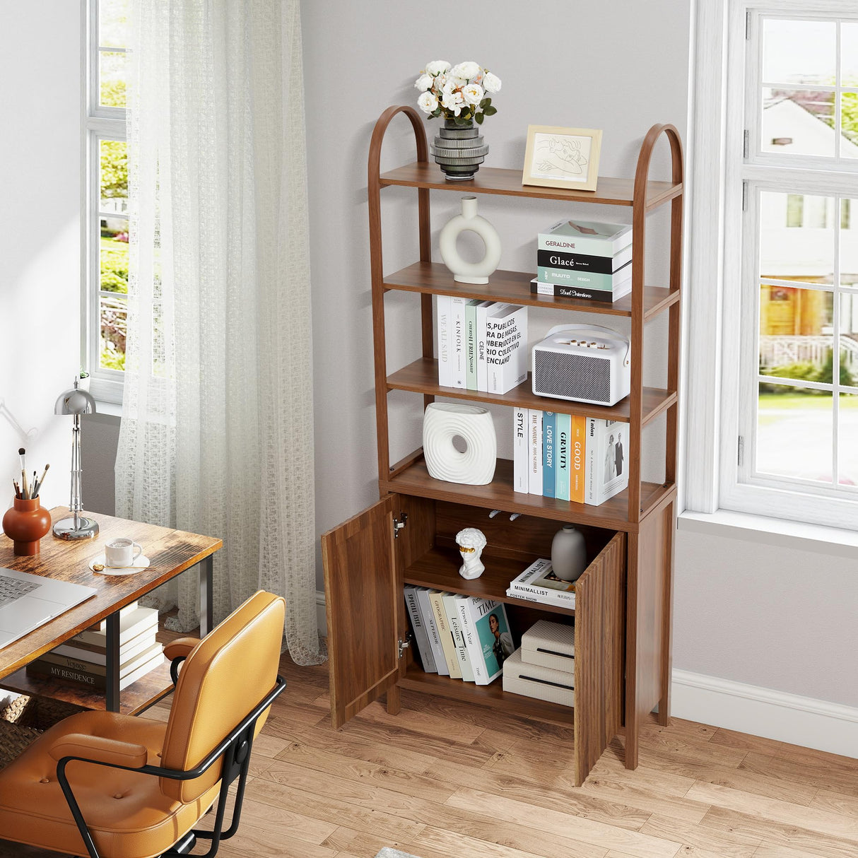 71” Tall Arched Bookshelf Storage with Fluted Doors, Mid Century Modern 6 Tier Bookshelves, Freestanding Bookcase Cabinet with Open Display Storage Shelf for Living Room Home Office Bedroom, Walnut XUZENEST