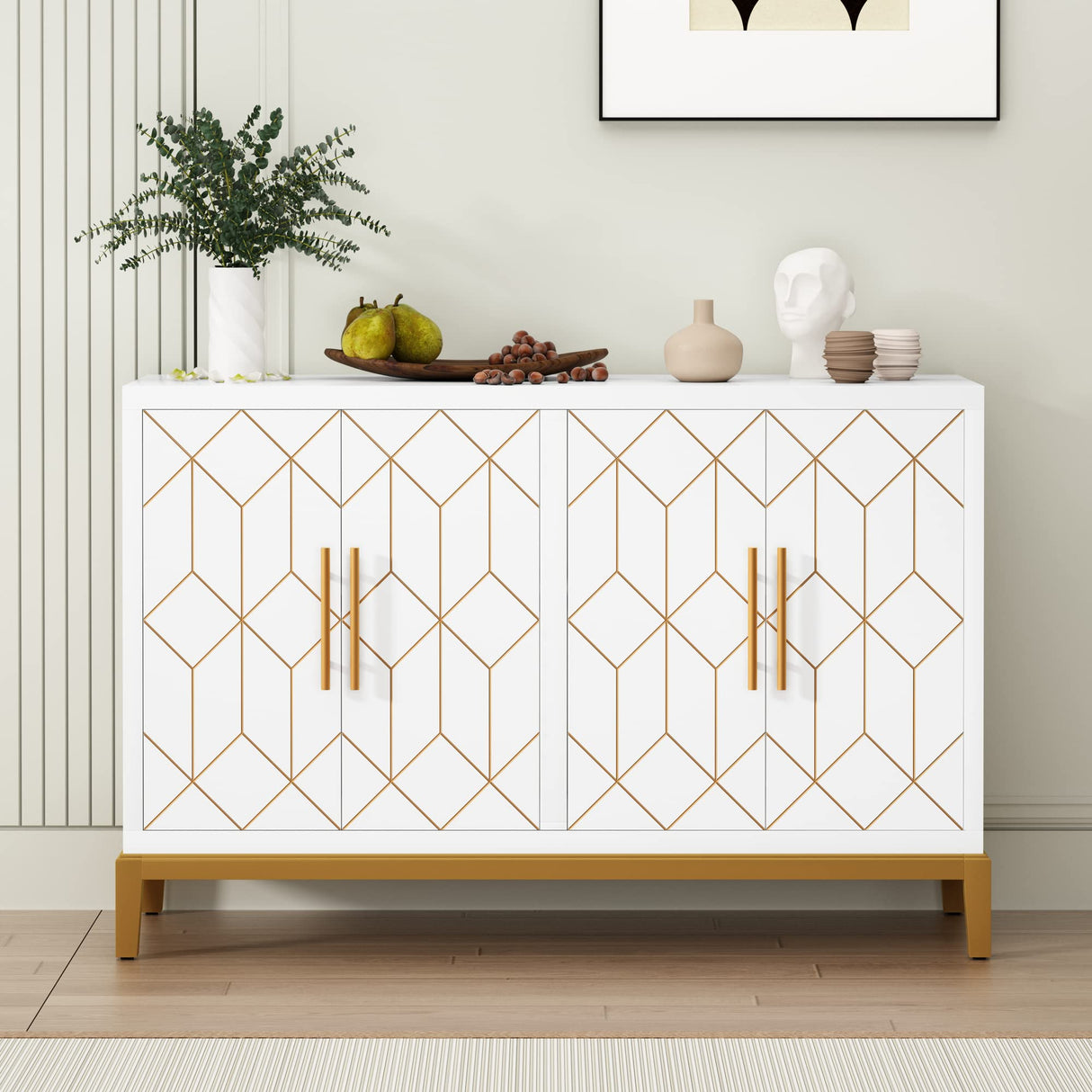 HLR Accent Cabinet with 4 Doors and Shelves, Sideboard Buffet Cabinet with Gold Lines, Modern Credenza Storage Decorative Cabinet for Living Room, Entryway, Kitchen, Dining Room, White HLR