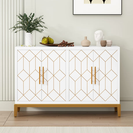 HLR Accent Cabinet with 4 Doors and Shelves, Sideboard Buffet Cabinet with Gold Lines, Modern Credenza Storage Decorative Cabinet for Living Room, Entryway, Kitchen, Dining Room, White HLR