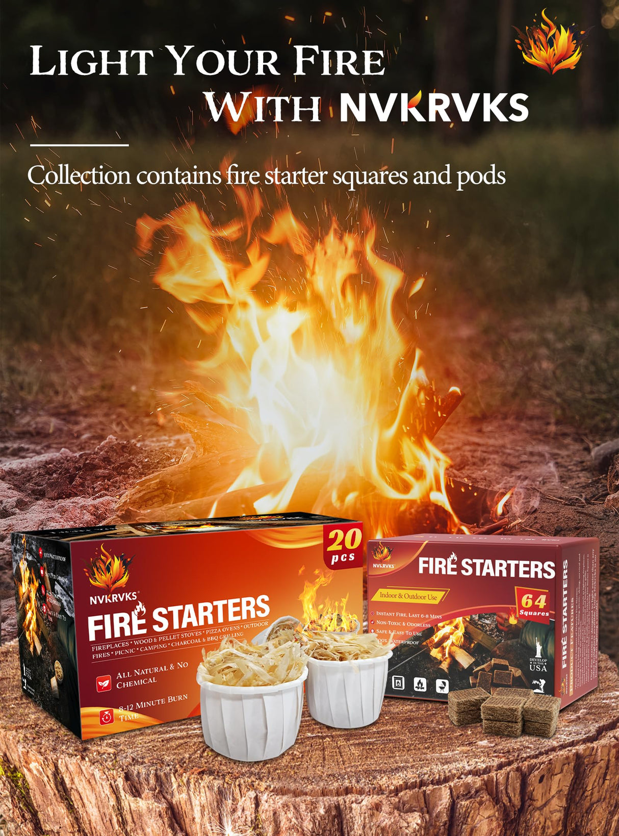 Nvkrvks Fire Starter, Easy-Burning Fire Starter Squares for Wood Stoves, Campfires, Grill Pit and Fireplace, Natural & Waterproof BBQ Fire Starters, 64 Mini Square Nvkrvks