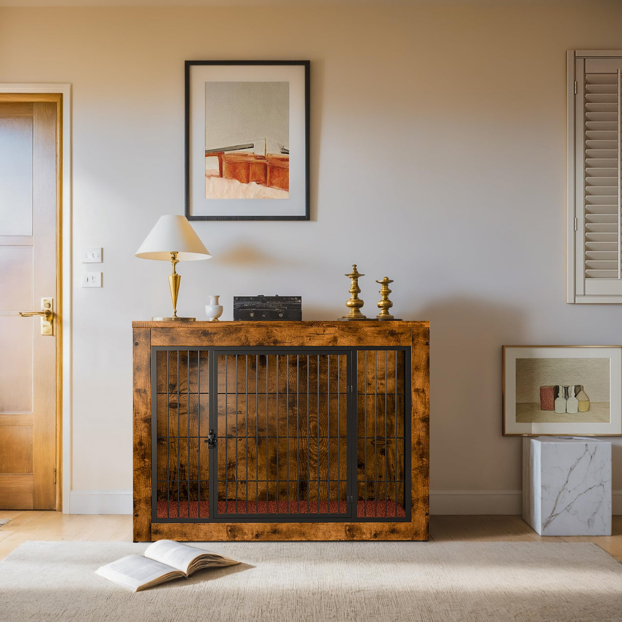 Dog Crate Furniture with Cushion, Indoor Dog Kennel with Double Doors, Side End Table Dog Cage, Pet House for Small/Medium/Large Dog, Easy Assemble (Rustic Brown, L(38.8’’x 25.7’’x27’’)) GUNJI