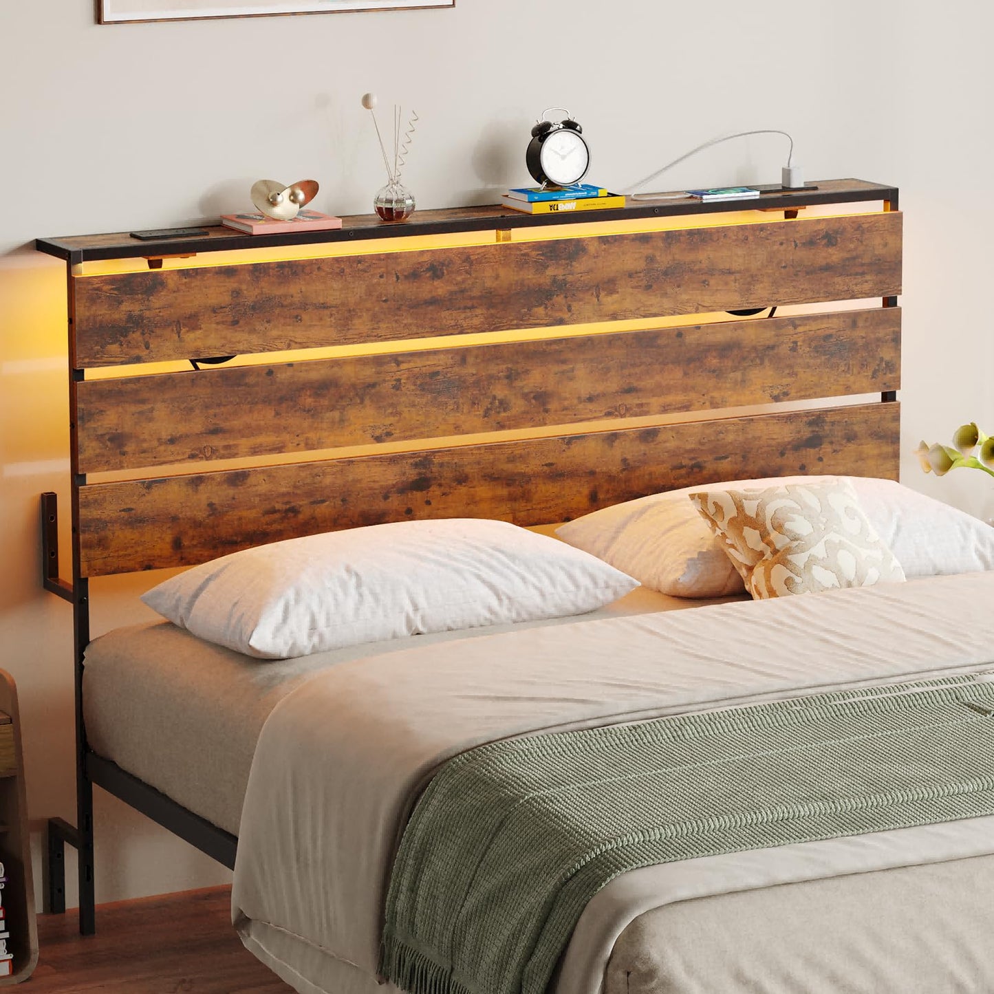 Tatub Queen Size Headboard Only, LED Wooden Headboard with 2 Charging Outlets, Rustic Flat Wood Panel Head Board Queen with Bed Frame Adjustable Adapter, Easy Assembly, Rustic Brown