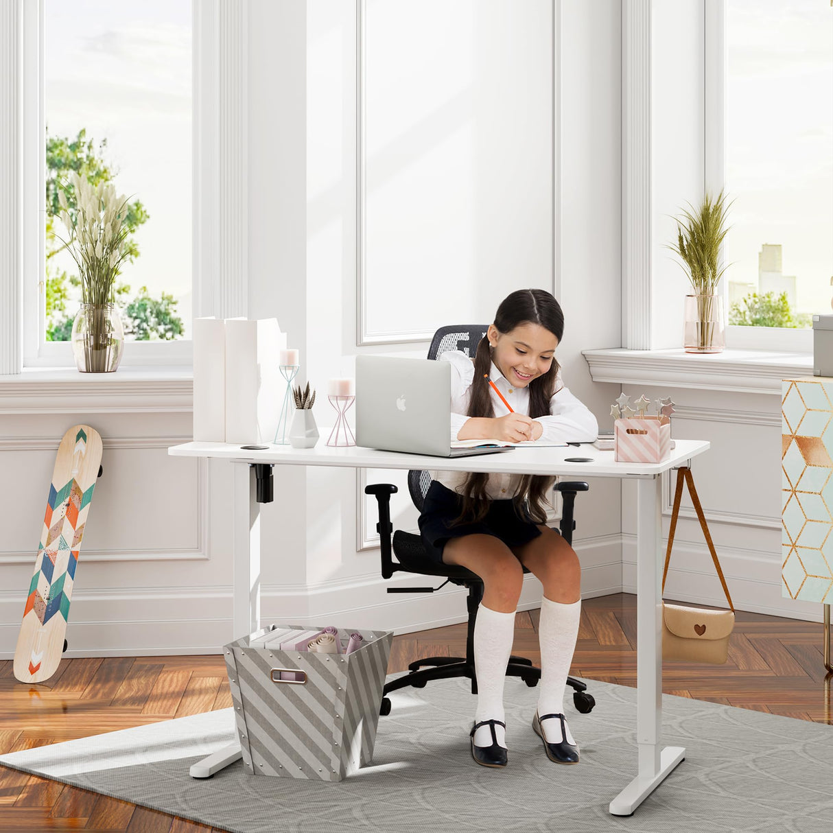 Meilocar Height Adjustable Electric Standing Desk, Adjustable Desk Standing Desk with Memory Controller, White Adjustable Standing Desk with Splice Board, 48" x 24" Tabletop (White Top + White Frame) Meilocar