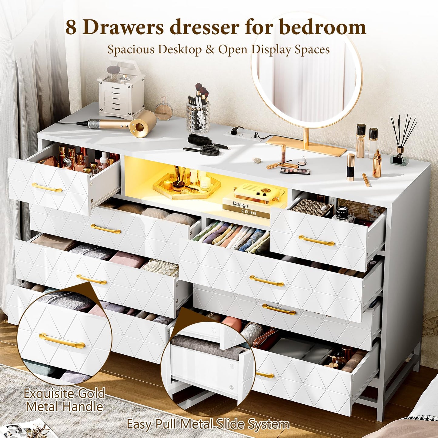 Patikuin White Dresser for Bedroom, 8 Drawer Dresser with Power Outlet, 55" Tv Stand Large Dresser Wooden with Led Light, Modern Dressers with Deep Drawers, Big Wide Chest of Drawers Storage Dresser