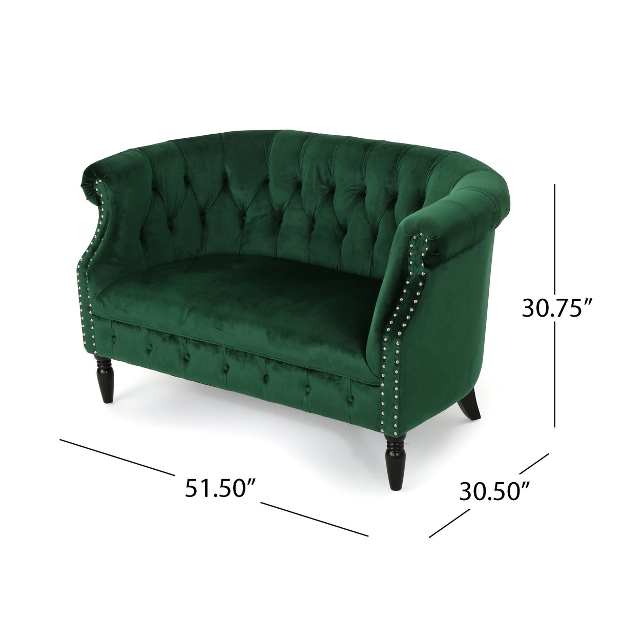 GDFStudio Melaina Tufted Chesterfield Velvet Loveseat with Scrolled Arms, Emerald and Dark Brown. GDFStudio