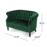 GDFStudio Melaina Tufted Chesterfield Velvet Loveseat with Scrolled Arms, Emerald and Dark Brown. GDFStudio