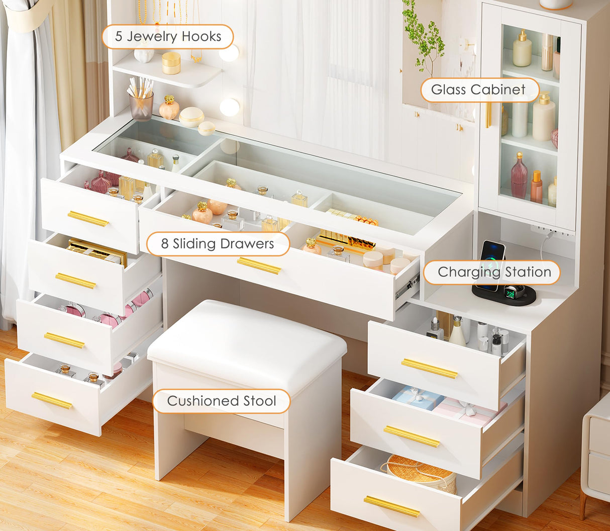 ANWBROAD 49.2" Large Vanity Desk with Mirror and Lights White Makeup Vanity Desk with Glass Top and Power Outlet 8 Drawers Nightstand 5 Hooks Vanity Table with Stool for Bedroom Women Girls UBDT88W ANWBROAD