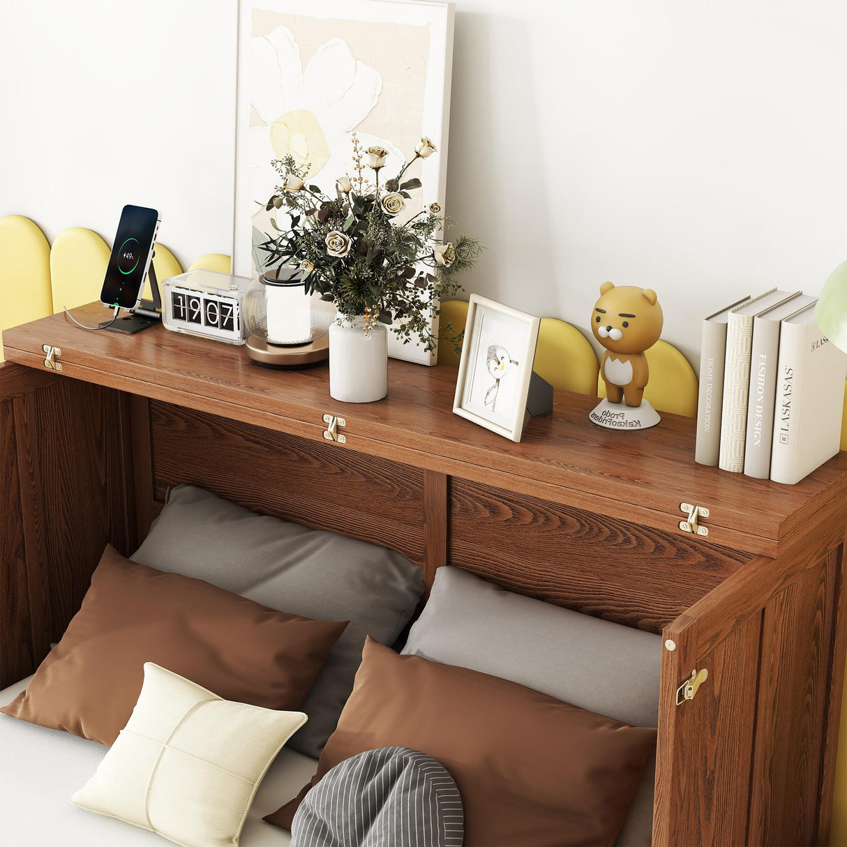 KEIKI Full Murphy Bed Cabinet with Storage Drawer and Charging Station, USB Port, Solid Pine Murphy Bedframe for Home Office, Studio or Guest Room,Walnut KEIKI