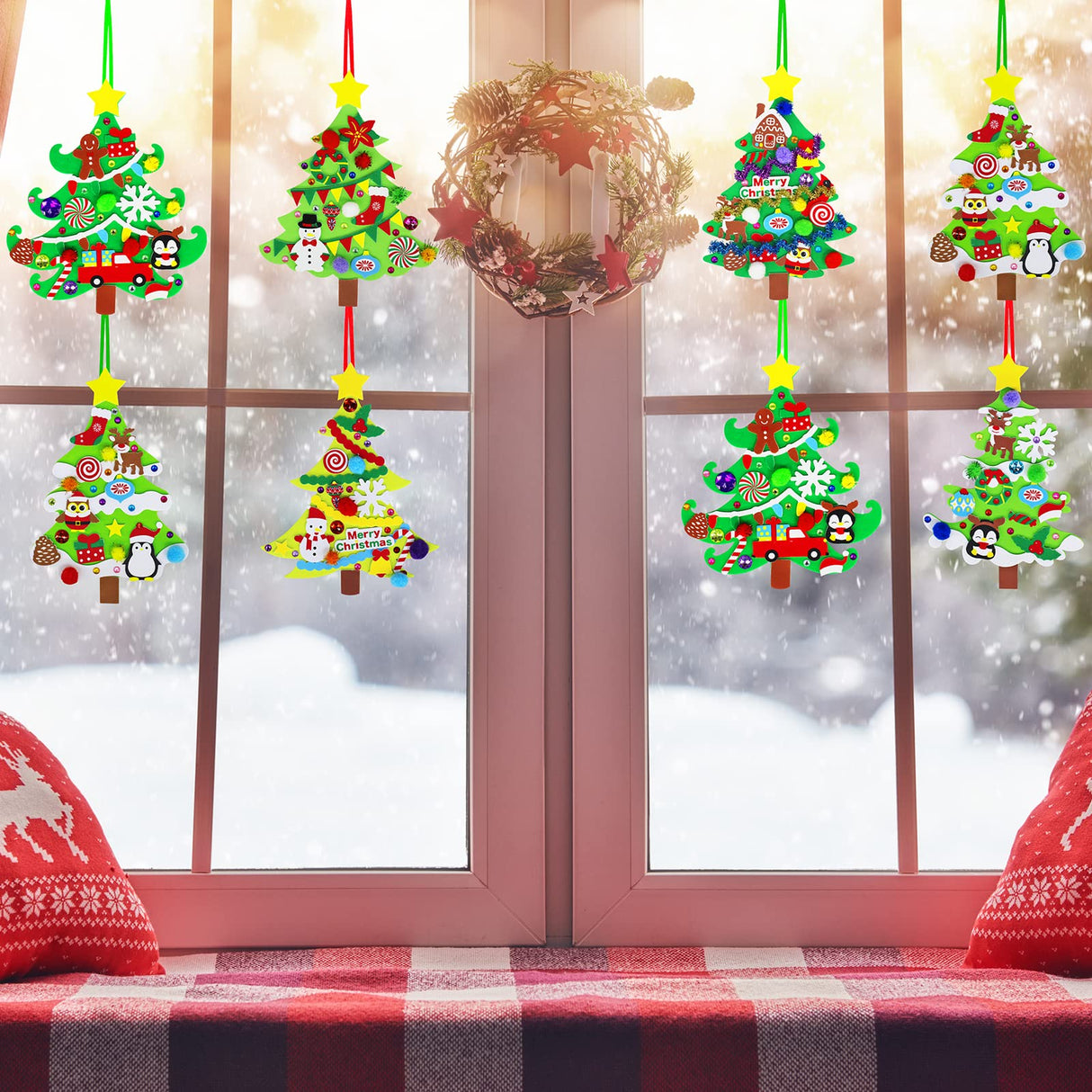 Winlyn 24 Sets Christmas Tree Ornaments Decorations Art Sets DIY Christmas Craft Kits Pine Tree Snowman Snowflake Penguin Foam Stickers Arts and Crafts for Kids Party Favors Home Classroom Activities Winlyn