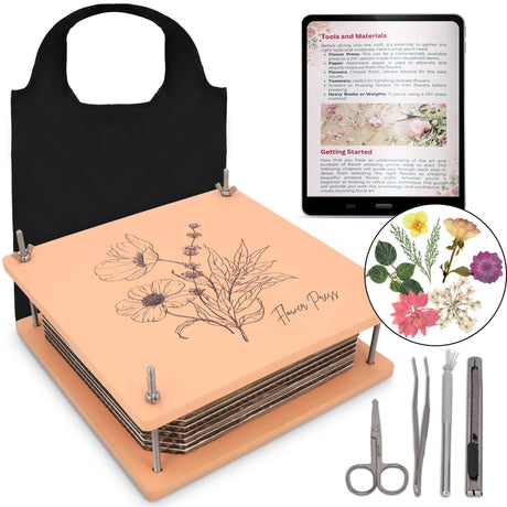 Wooden Flower Press - Durable Bolt Lock Design Complete Pressing Kit w/White Absorbent Sheets, Ebook Guide & More - 10 Layers for Drying & Preserving Flowers - Ideal Craft Gift for Nature Lovers Carnation Canvas