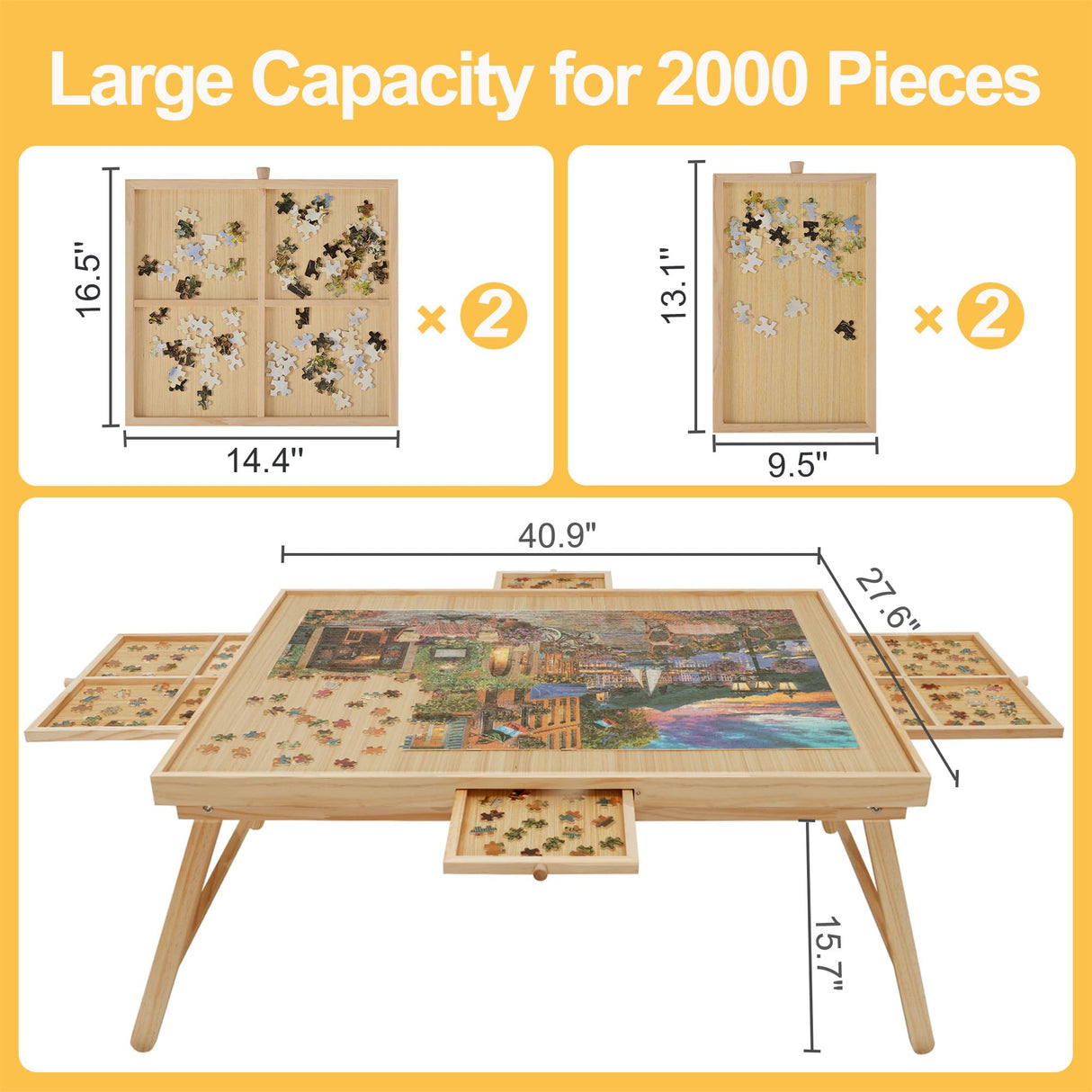 YKHALLYBEE Puzzle Table 2000 Pieces Wooden Jigsaw Puzzle Board with Legs, 41”x 27.6” Puzzle Board with 4 Drawers and Cover, Foldable Leg Puzzle Table for Adults Natural HALLYBEE