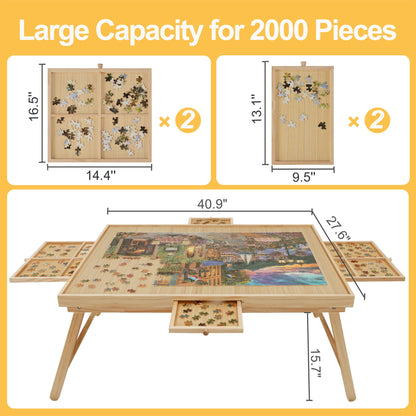 YKHALLYBEE Puzzle Table 2000 Pieces Wooden Jigsaw Puzzle Board with Legs, 41”x 27.6” Puzzle Board with 4 Drawers and Cover, Foldable Leg Puzzle Table for Adults Natural