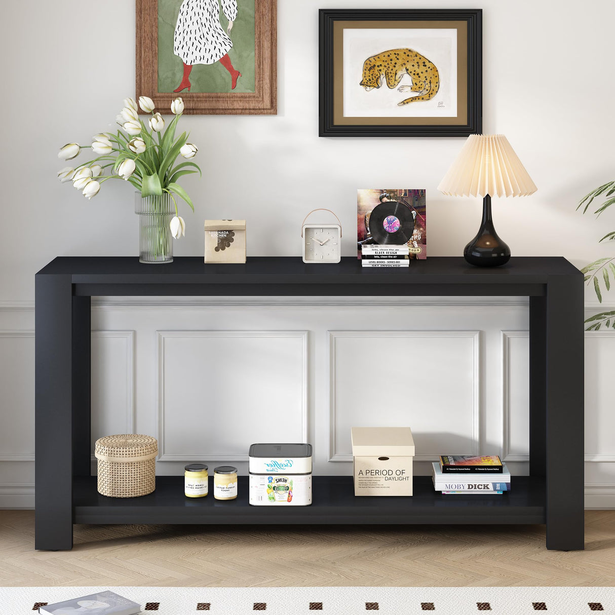 XD Designs Minimalist 60-Inch Long Console Table Sofa Table with Bottom Shelf and Thick Legs, Wood 2-Tier Narrow Accent Entryway Table for Hallway Living Room Foyer Corridor (Black-All) XD Designs