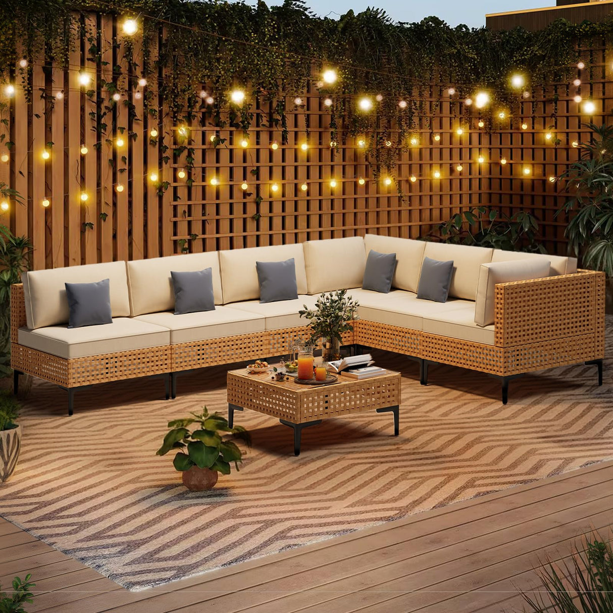 ABCASA Patio Furniture Set, 110" Large 7-Piece Wicker Outdoor Patio Furniture Sets with Coffee Table,Boho Patio Conversation Set Sectional Sofa with All-Weather Cushions for Backyard,Porch,Beige ABCASA