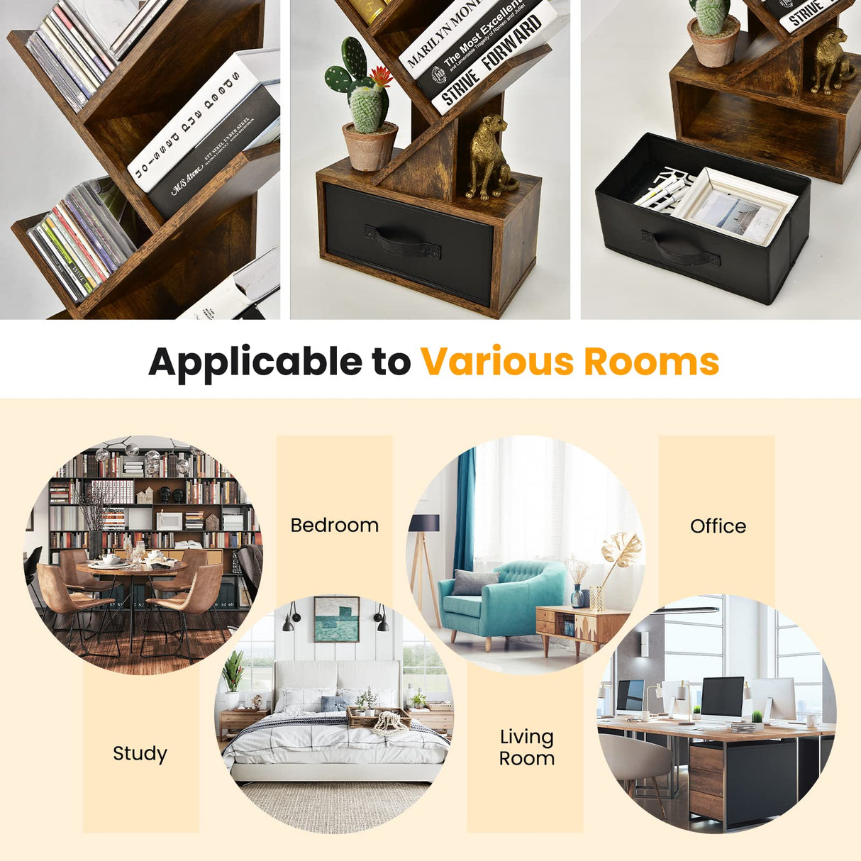 Giantex Tree Bookshelf with Drawer, 10 Shelf Space Saving Rustic Brown Wooden Bookcase, Freestanding Retro Wood Storage Rack, Decorative Bookshelf with Storage Giantex