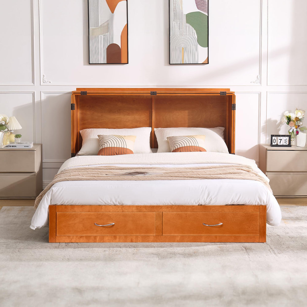 FACAAJ SPO Queen Murphy Bed with Mattress Included, Murphy Bed Cabinet Queen with Drawers and Charging Station for Small Apartments, Home Offices(Stripe Pattern, Cherry) FACAAJ SPO