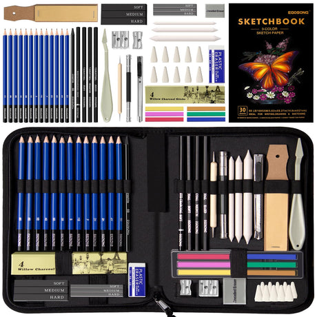 EGOSONG Drawing Set Sketch Pencils Kit,57 Pieces Sketching Supplies with 3-Color Sketchbook,Graphite,Charcoal Pencil and Sticks,Pro Art Supplies Kit for Artists Adults Teens Beginners Kids EGOSONG