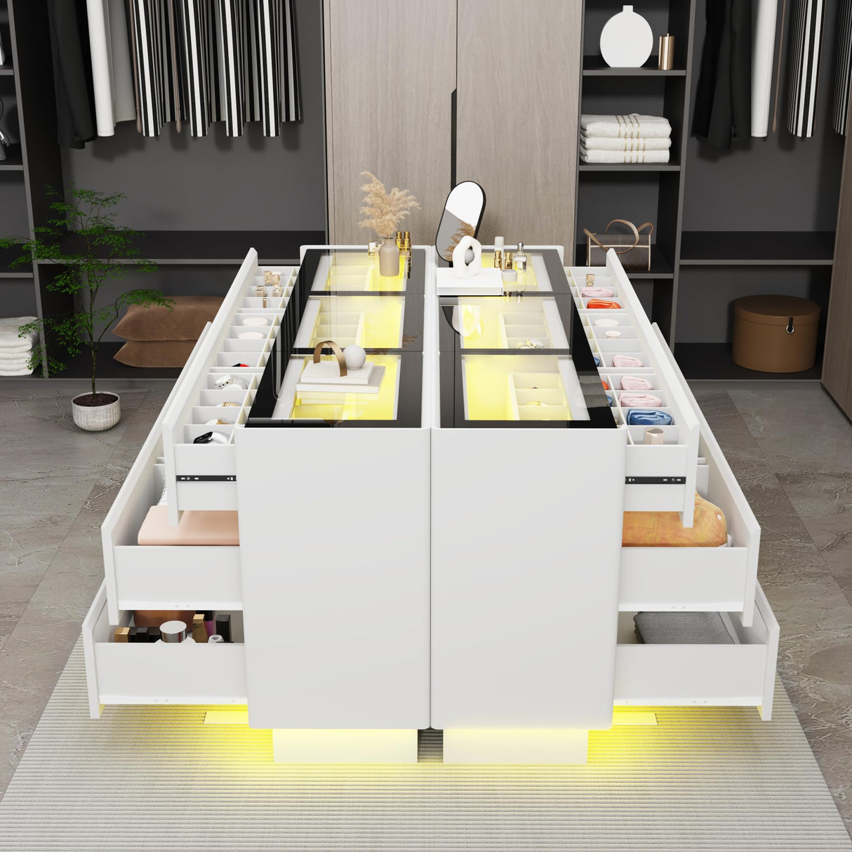 jiteentarou 63 Inch Dresser with Jewelry Drawers & Glass Top, Modern Chest of Drawers with LED Light, Closet Island, Leather Handle, Arc Design, White jiteentarou