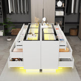 jiteentarou 63 Inch Dresser with Jewelry Drawers & Glass Top, Modern Chest of Drawers with LED Light, Closet Island, Leather Handle, Arc Design, White jiteentarou