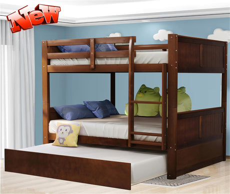 DOONREXS New Upgrade Thicken Solid Wood Bunk Bed Full Over Full with Trundle, Full Size Bunk Beds Frame with Ladder and Safety Guard Rail, Convertible to 2 Beds, Easy Assembly (Walnut) WoodArtSupply