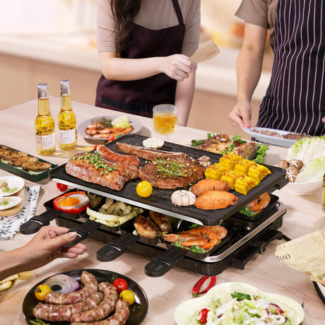 Raclette Table Grill, Indoor Grill Korean BBQ Grill Electric Griddle, 2 in 1 Electric Griddle Nonstick with 8 Raclette Cheese Pans Adjustable Temperature Control 1300W Ideal for Family and Party Fun TONZE
