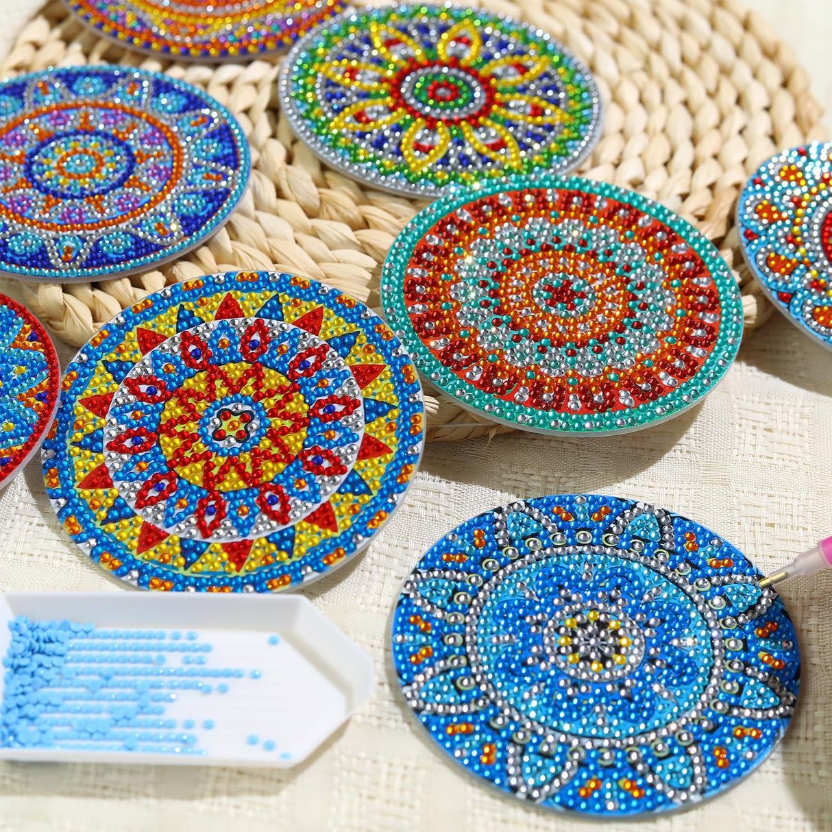8 PCS Mandala Diamond Art Coasters Kits, Boho Diamond Painting Coasters with Holder Set of 8, DIY Drink Coasters Art Crafts Supplies for Adults Cup Mat for Home Decor House Warming Gifts 3.9inch FOXKISS
