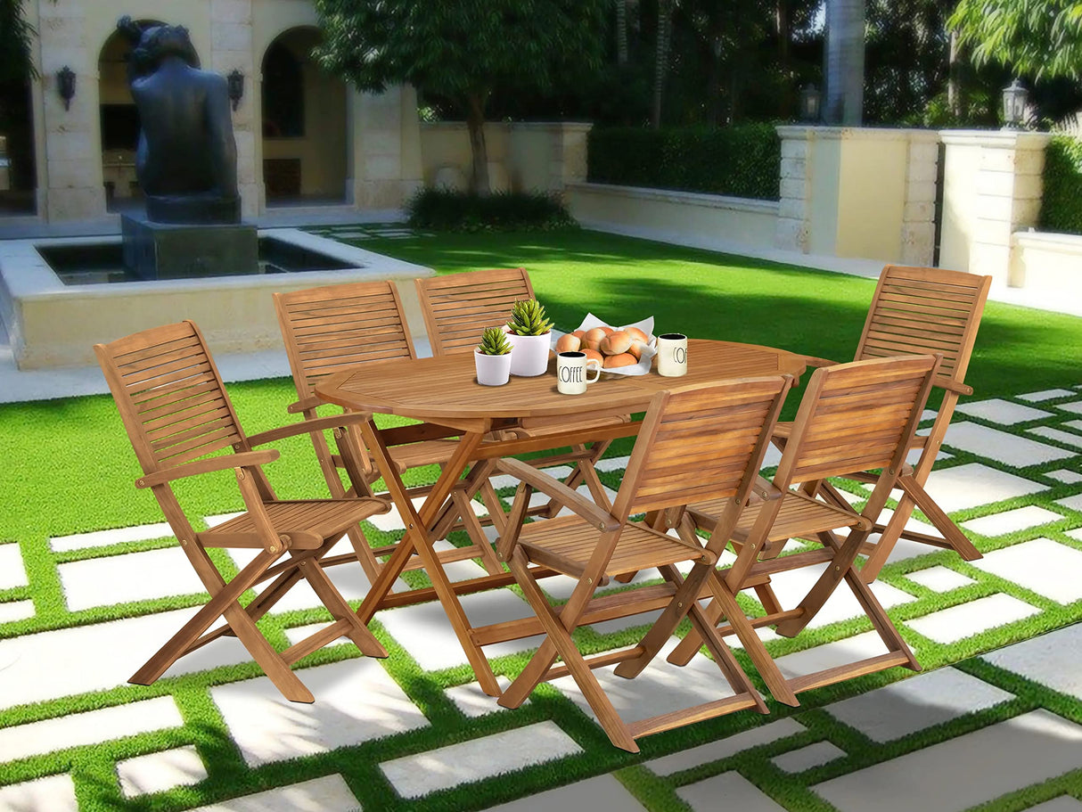 East West Furniture Diboll 7 Piece Patio Dining Set Includes an Oval Outdoor Acacia Wood Table and 6 Folding Arm Chairs, 36x60 Inch, Natural Oil East West Furniture