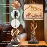 BOWOBO Antler Table Lamps Set of 2 for Bedroom, Farmhouse Rustic Antler Deer Bedside Lamps with USB A+C Ports for Living Room End Table Hunting Themed Cabin Lamp Pull Chain Linen BOWOBO