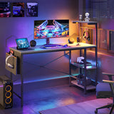 Bestier Gaming Desk with LED Lights, Computer Desk with 4 Tiers Reversible Shelves, 51.3 Inch Home Office Writing Desk with Side Storage Bag, Hooks and Height Adjustable Shelf (Retro Grey Oak) Bestier