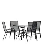 Flash Furniture Brazos Series 5-Piece Glass Patio Table and Chairs Set, Outdoor Patio Dining Set with Square Table and 4 Sling Patio Chairs, Black Flash Furniture