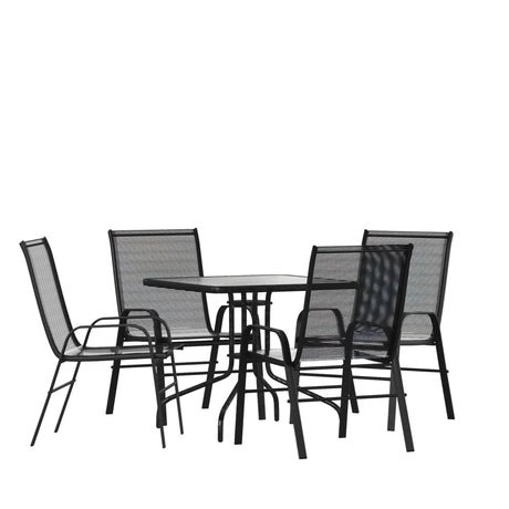 Flash Furniture Brazos Series 5-Piece Glass Patio Table and Chairs Set, Outdoor Patio Dining Set with Square Table and 4 Sling Patio Chairs, Black Flash Furniture