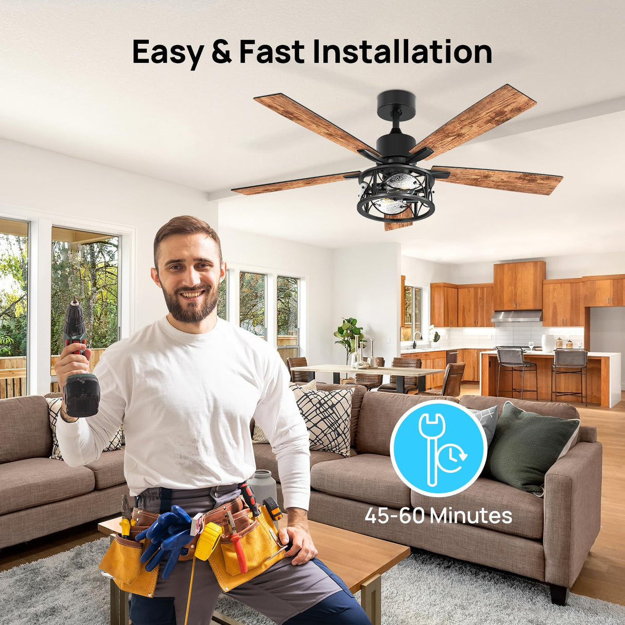 Consciot Ceiling Fan With Lights, 52 Inch Farmhouse Indoor Ceiling Fan With Remote, Quiet Reversible DC Motor, 5 Double Finish Wood Blades, Easy Dual Mount, Support Dimmable 2*E26 Bulbs(not included) Consciot