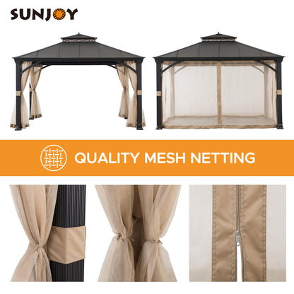 Sunjoy Hardtop Gazebo 11 x 13 ft. Outdoor Patio Black Anti-Rust Aluminum Frame Gazebo, Double Tiered Gazebo with Ceiling Hook and Mesh Netting, Black - WoodArtSupply