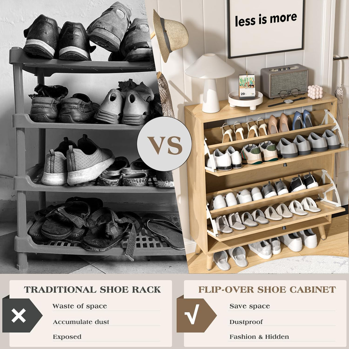 Fsbecl Shoe Storage Cabinet for Entryway with 2 Flip Drawers, Narrow Wood Shoe Cabinet with Fluted Panel, Freestanding Hidden Shoe Organizer for Foyer, Hallway (Wood Color) Fsbecl
