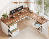 SEDETA Farmhouse L Shaped Desk with Drawers, 63" Office Desk with File Drawers, Wood Corner Computer Desk with Storage, Home Office Desk with Monitor Stand and Storage Cabinet, Brown and White SEDETA