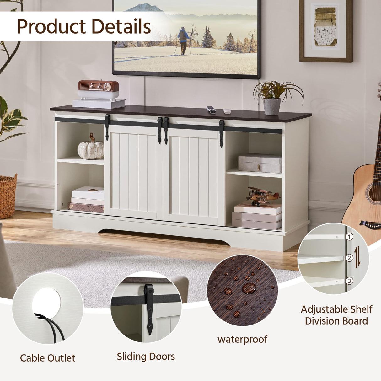 Yaheetech TV Stand for 65 Inch TV, Farmhouse Entertainment Center with Sliding Barn Doors, TV Media Console for Living Room, Bedroom, White & Espresso Yaheetech