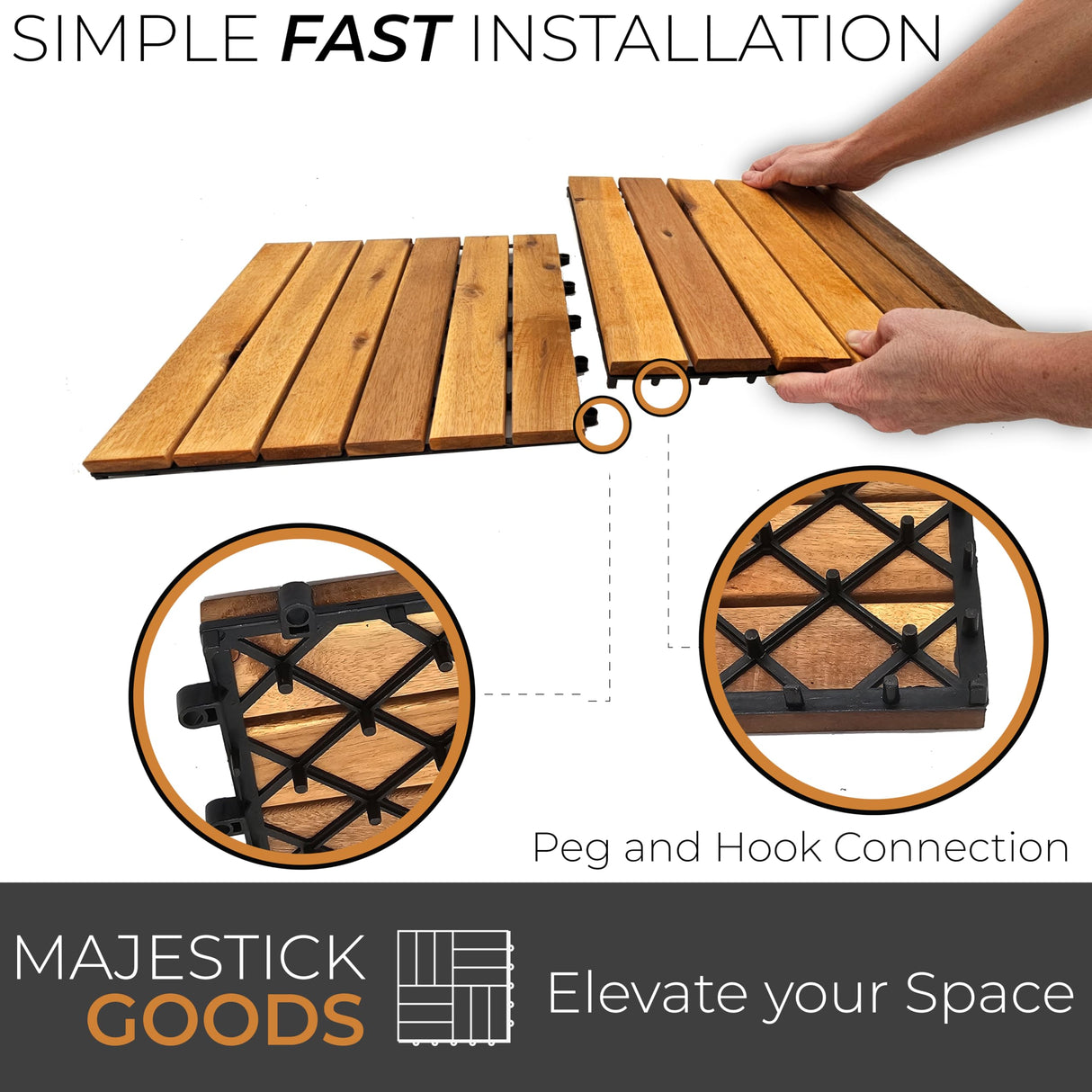 24 Sq Ft Interlocking Deck Tiles Snap Together Wood Flooring - 12 x 12 Acacia Hardwood Outdoor Flooring for Patio - Click Floor Decking Tile, Water Resistant Balcony Flooring, Wooden Parquet Flooring Majestick Goods