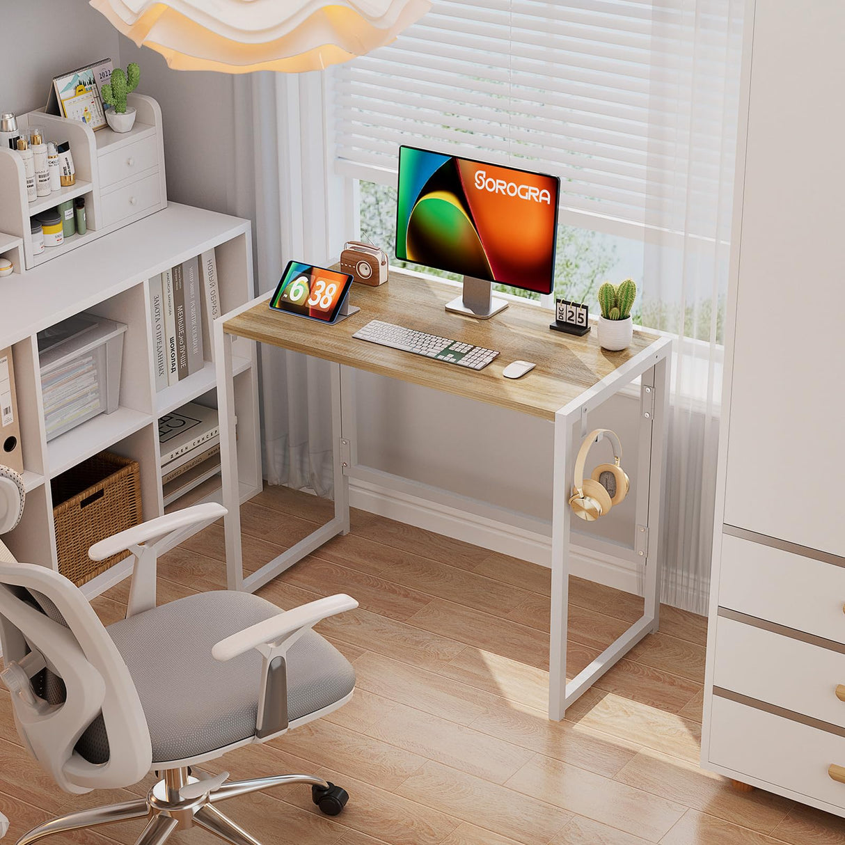 SOROGRA Small Folding Desk 31.5 Inch, Foldable Computer Desks with LED Lights and Monitor Stand, Work Portable Table for Bedroom Home Office, Oak SOROGRA