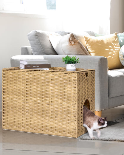 Cat Litter Box Enclosure with Litter Trapping Mat; Handwoven Plastic Rattan Cat House; No Installation Hidden Cat Washroom; Pet Crate for Balcony,Bedroom,Living Room