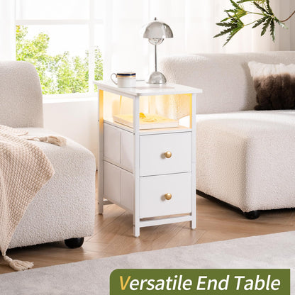 Yoobure End Table with Charging Station, Narrow Side Table LED Small Night Stand, Skinny Nightstand with Fabric Drawers, Bedside Table End Tables Living Room, Side Tables Bedroom for Small Spaces