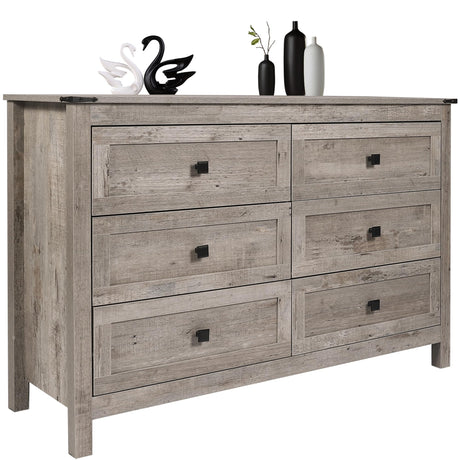 CATMIX Farmhouse 6 Drawers Dresser, Wood Double Dresser Chest of Drawers Wide Storage Organizer Cabinet for Bedroom, Living Room, Rustic Grey CATMIX