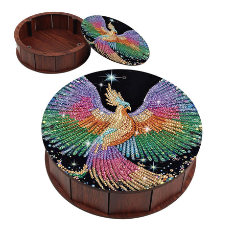 antor Phoenix Diamond Painting Storage Box, Round Wooden DIY 5D Crystal Diamond Art Desktop Ornament Organizer, Handmade Jewelry or Money Storage Box, Home Office Decor Crafts Gifts antor